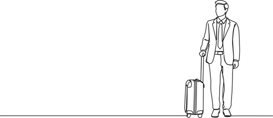 continuous single line drawing of businessman with suitcase, line art vector illustration