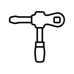 black outline icon of a ratchet wrench, suitable for websites or blogs about automotive repair, construction, DIY projects, or tools and equipment.