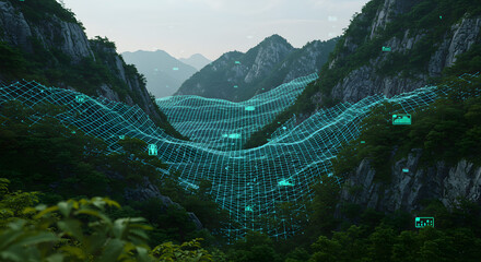 Digital Topography: A futuristic landscape visualization with data overlaying a mountain valley, representing the fusion of nature and technological exploration for enhanced understanding and