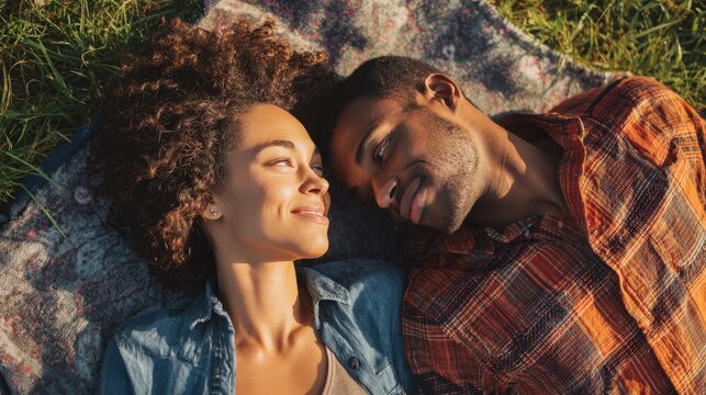 young multiethnic couple lying on blanket on grass latin woman with her african boyfriend relaxing on picnic blanket outdoor mature happy couple in love lying on grass with copy space no logos no bra
