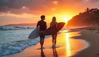 Young couple holding surfboards, walking on a sandy beach at sunset. Surfers walk away to the horizon where the golden sun sets into the ocean. AI-Generated