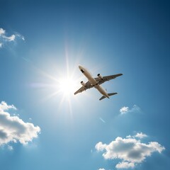 Obraz premium A low-angle view of a passenger airplane taking off and flying towards the bright sun in a clear blue sky with white clouds.