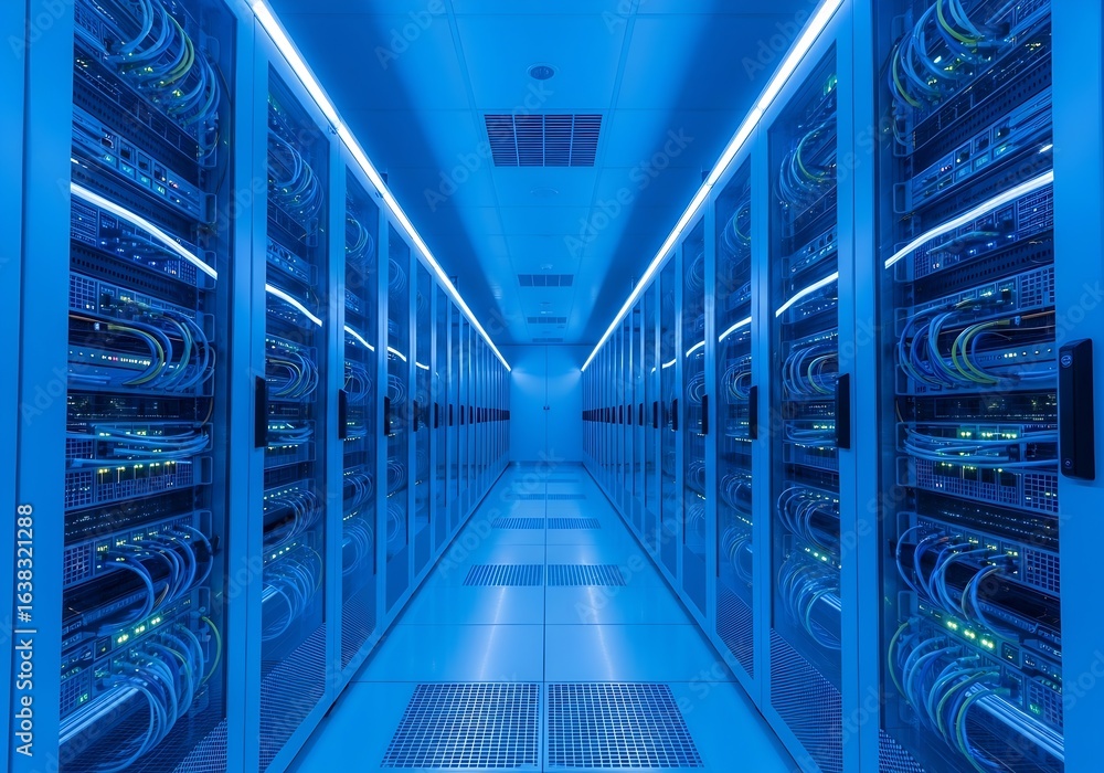 Aufkleber illuminated server room with rows of racks, showcasing data center infrastructure