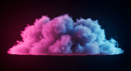 Dreamy ethereal cloudscape illuminated by vibrant magenta and azure hues, suspended against a stark obsidian backdrop creating a mesmerizing visual experience and imaginative atmosphere