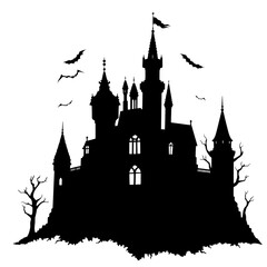 Obraz premium a spooky silhouette of a haunted castle with bats and bare trees for halloween