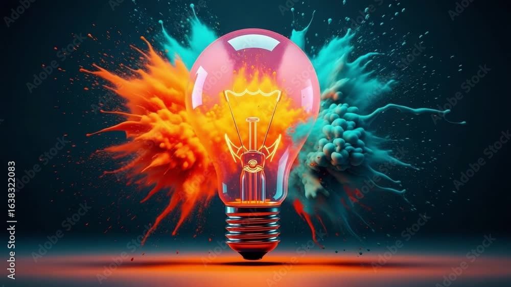 Poster illuminated light bulb surrounded by colorful explosion on a dark background in artistic style