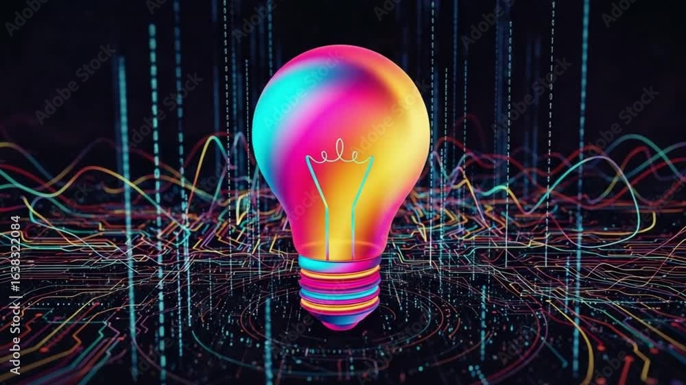 Poster a vibrant light bulb with rainbow colors on a circuit board background with digital lines flowing