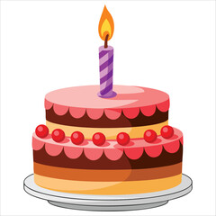 Birthday cake with one candle lit vector illustration. Ideal for celebration, birthday party, and festive themed designs requiring cheerful elements.