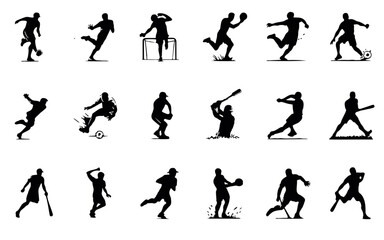 Collection of diverse athletic poses captured in a striking silhouette style featuring various sports and movements