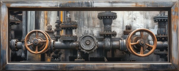 Industrial pipework and valves featured within a decorative framed image