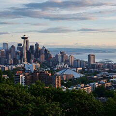 Obraz premium Urban skyline of a coastal metropolis with a futuristic observation tower at sunrise, viewed from a scenic park overlook.