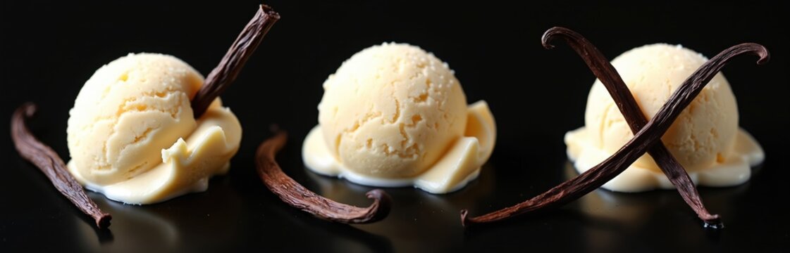 Three scoops of creamy vanilla ice cream arranged in triangular formation on black background. Dark brown vanilla pods placed with scoops, standing upright, others crossed. Dessert features speckled