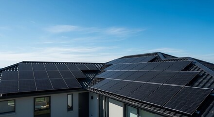 Obraz premium Modern Home with Rooftop Solar Panels on a Sunny Day
