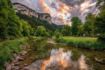 Fototapeta premium Serene river flowing through a valley at sunset