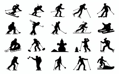 Collection of winter sports and activities featuring various figures in silhouette style