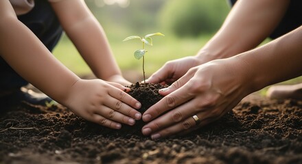 Fototapeta premium Adult and Child Planting a Tree Together