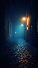 Obraz premium Foggy cobblestone alley at night, mysterious ambiance, city background, ideal for thriller movie