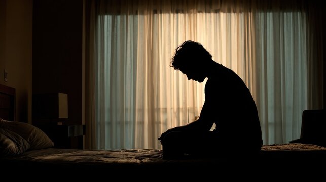 silhouette depressed man sadly sitting on the bed in the bedroom depression concept no logos no brands ar 169 - Powered by Adobe