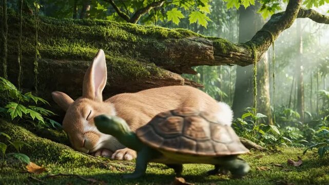 A determined tortoise steadily passes a sleeping rabbit in a lush, sunlit forest, symbolizing persistence over arrogance.