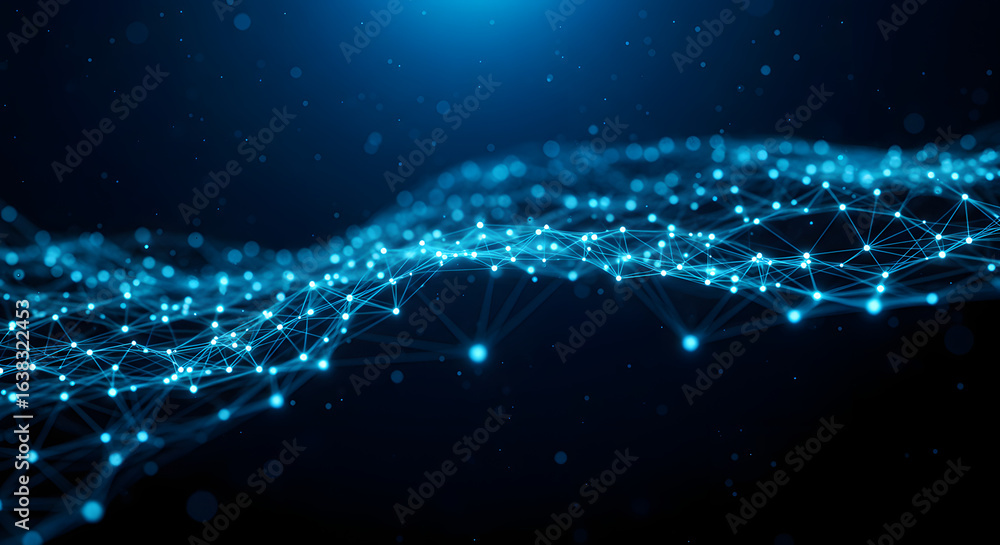 Poster illustrative blue network mesh representing complex data connections, ideal for visualizing digital 