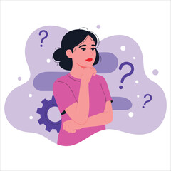 Young woman in casual clothes surrounded by question mark. Girl doubting and questioning everything. Flat cartoon vector concept illustration