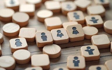 Business deal and collaboration on internet. Top view of many wood cubes with people icons. High quality