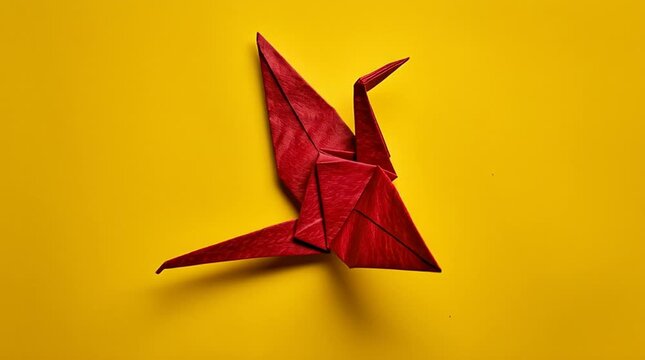 video, a red origami bird on a yellow background