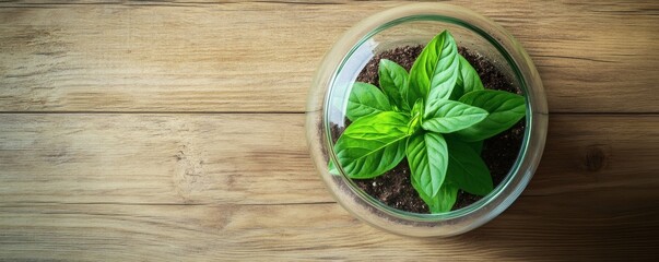 Fototapeta premium A green plant growing inside a transparent glass bowl