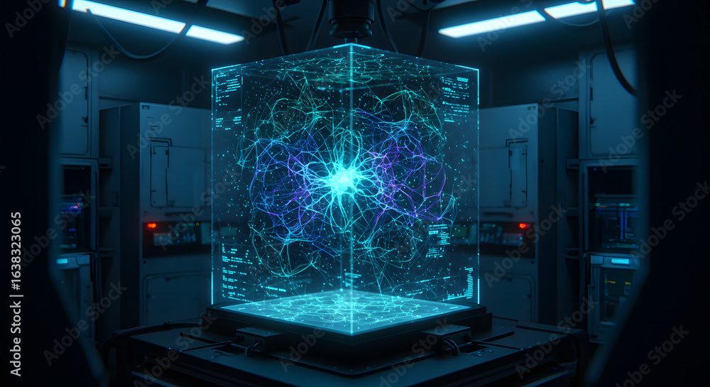 Poster captivating depiction of a high tech server room showcasing advanced supercomputing technology, a vi
