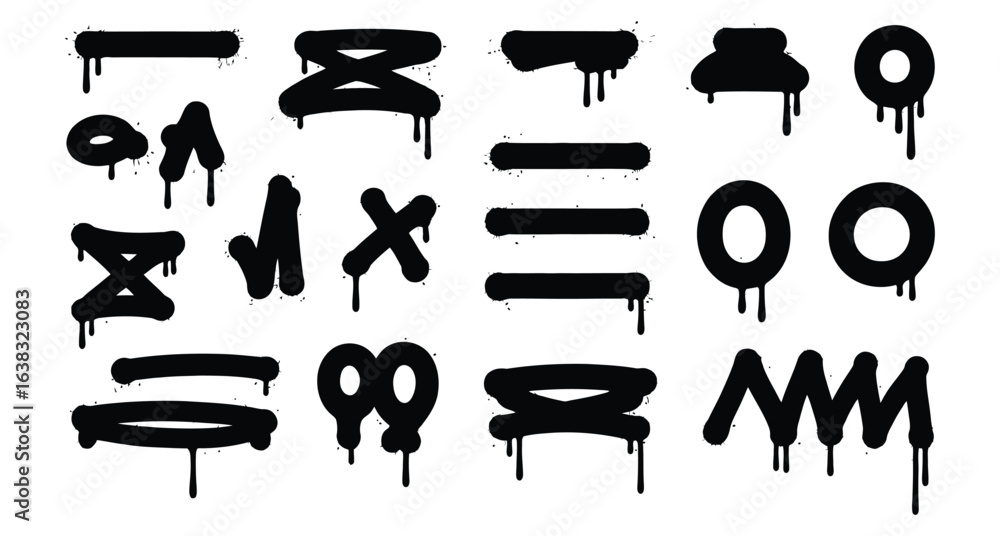 Poster vector art of set of spray paint graffiti elements isolated on white background, featuring various s