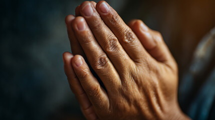 Fototapeta premium Close up of two hands pressed together in prayer with a blurred dark background
