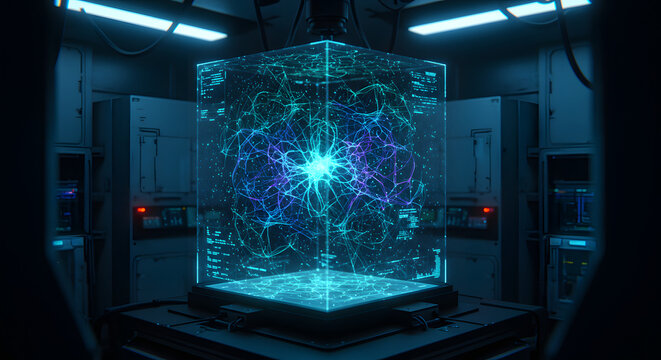 Captivating depiction of a high tech server room showcasing advanced supercomputing technology, a vibrant glowing cube containing a complex network of connected nodes illuminating the futuristic
