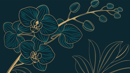 Elegant dark teal orchid branch with golden outline, a luxurious botanical design for wallpaper, textile, or decorative art