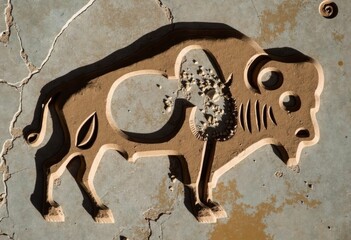 Rock carving of buffalo pattern