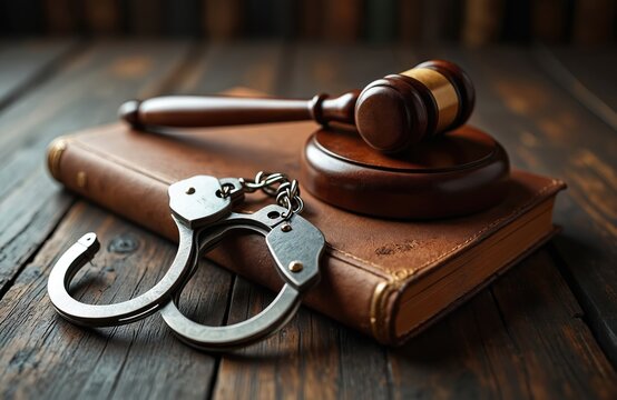 Gavel, handcuffs rest on leather-bound book justice system. Deep moody atmosphere with dramatic lighting on wooden surface. Represents law authority legal court crime prosecution defense criminal