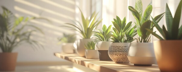 Obraz premium Several potted green plants sit on a sunlit wooden shelf