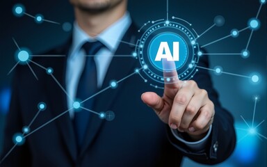AI business and generative artificial intelligence. Data analysis and robotic processes automation. Businessman touching AI icon on application network system. High quality