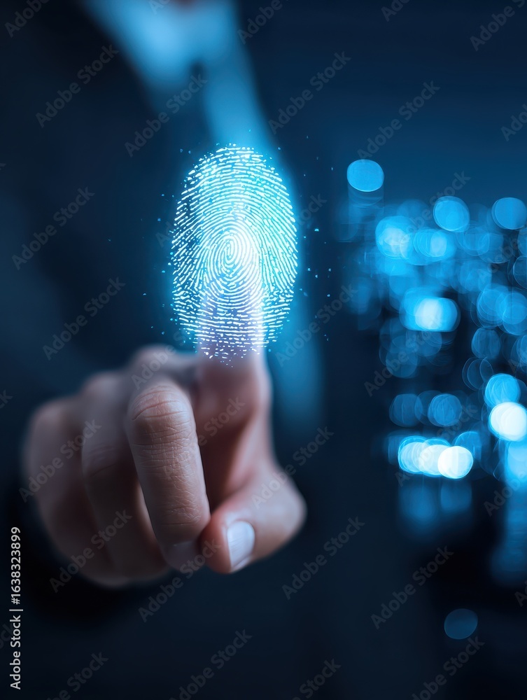 Poster close up of businessman thumb pointing at abstract glowing id fingerprint web protection and securit