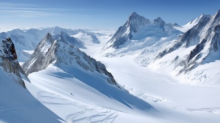 Naklejka premium Majestic snow-covered mountains alpine region landscape photography serene environment aerial view nature's beauty