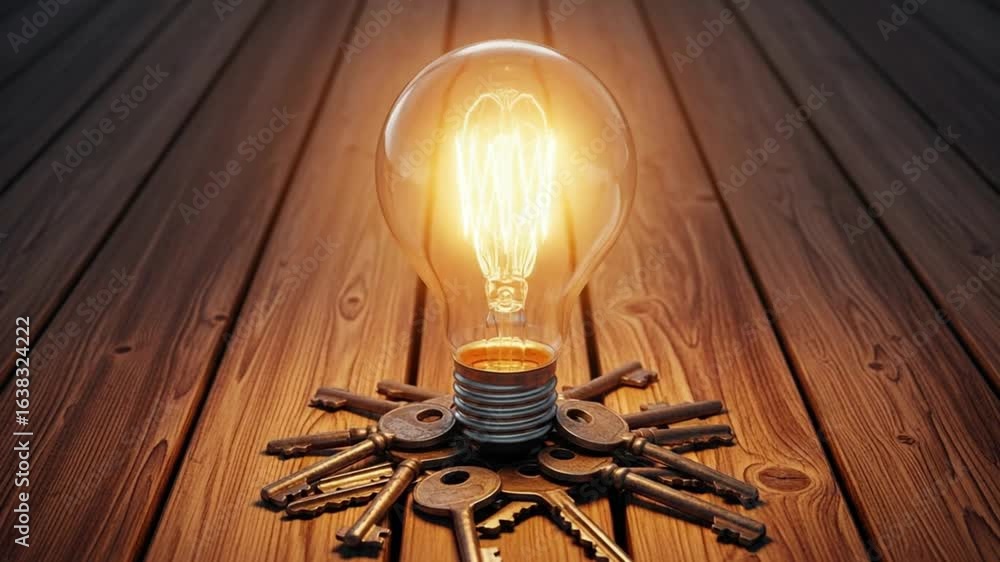 Poster illuminated lightbulb centered on wooden surface surrounded by a collection of scattered keys