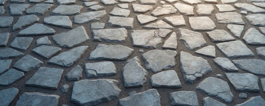 Rough texture mosaic floor pavement with irregular grey stone tiles, dark grout. Natural stone surface pattern offers vintage, rustic aesthetic suitable for outdoor pathways, patios, decorative wall