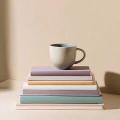 Calm morning, books stack, coffee mug, soft light, home study, peaceful mood
