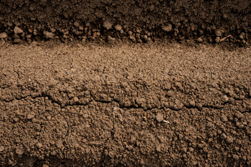 Close-up of freshly plowed soil ridge showing rough earthy texture, natural cracks, and clumps, ideal for agricultural and farming backgrounds