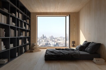 Modern minimalist bedroom with city views (1)