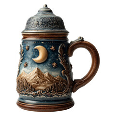 Ornate Ceramic Mug with Mountain and Moon Design on Transparent Background