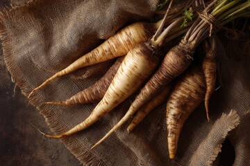 Parsnips on burlap in studio, preparing for cooking, for cookbook or advertising