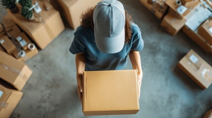 above table top view of female warehouse worker or seller packing ecommerce shipping order box for dispatching preparing post courier delivery package dropshipping shipment service concept no logos n