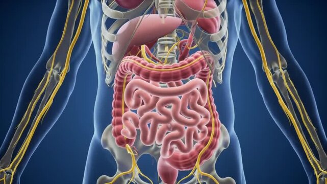 Medical anatomical 3D illustration of human heart glowing in chest with detailed circulatory system anatomy