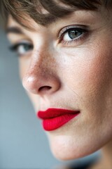 Naklejka premium A captivating portrait that beautifully highlights the enchanting beauty, charming freckles, and bold red lips