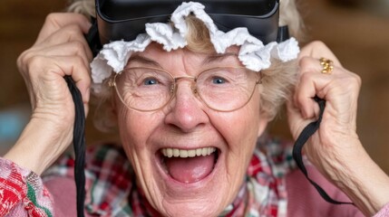 Senior woman experiences joy of virtual reality at home digital fun intimate setting engaging perspective